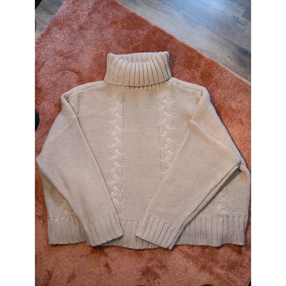 Calvin Klein‎ Y2k Sweater Womens  Oatmeal Chunky Cable Knit Cropped Turtleneck - Picture 1 of 8